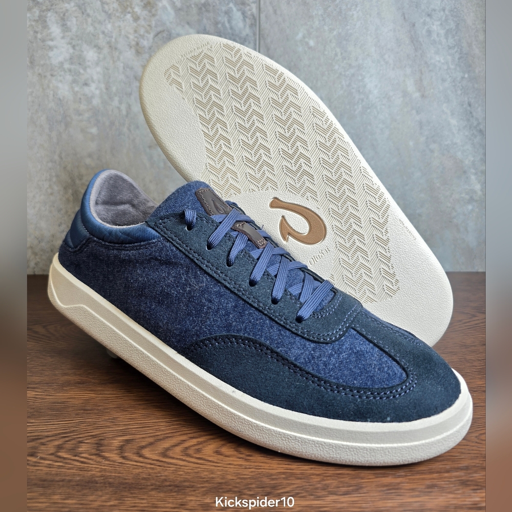 OluKai Puliki Men’s 9.5 Suede Sneaker Drop-In Heel Navy Blue White New